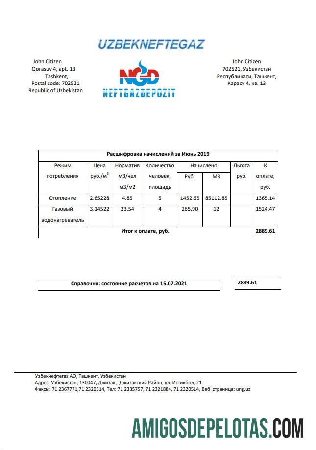 Em branco modelo de conta de serviços públicos NeftGaz do Uzbequistão em formato Word e PDF (.doc e .pdf), totalmente editável